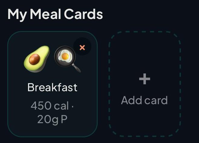 Saved meal cards — a whole meal logged in one tap