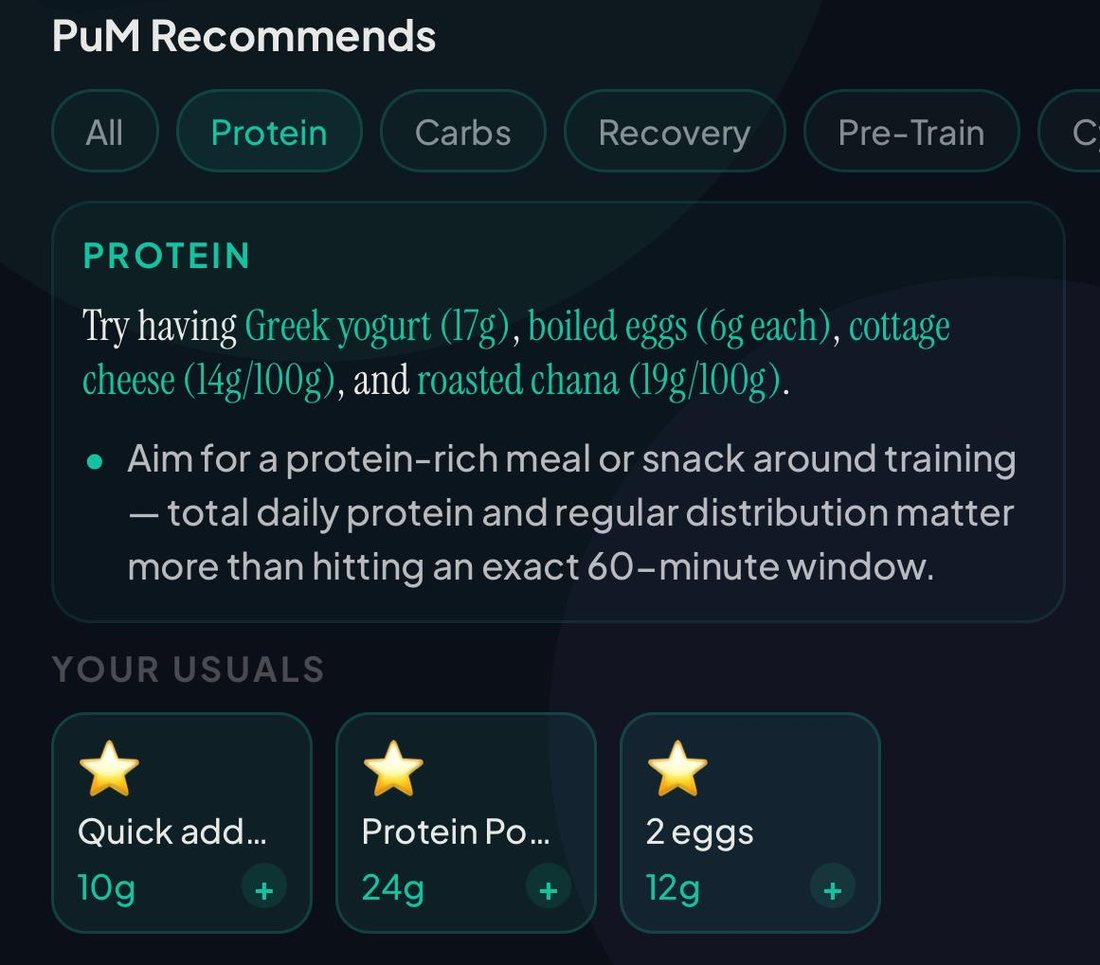 Real food suggestions with the grams attached, plus the things you actually eat saved for one tap