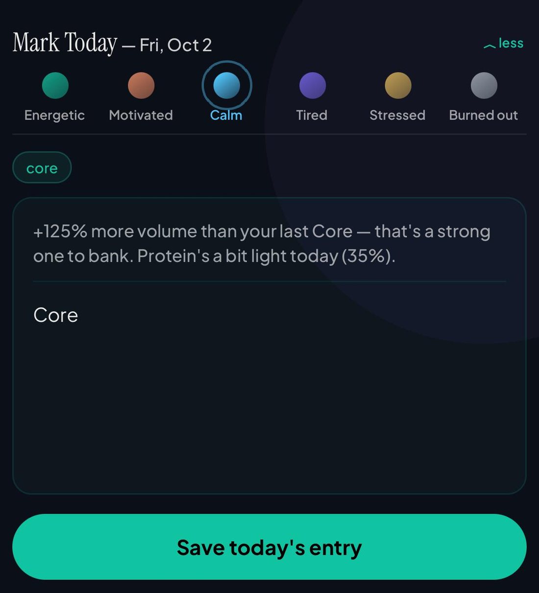 Marking the day — one tap for how you felt, with PuM already knowing what you trained and ate